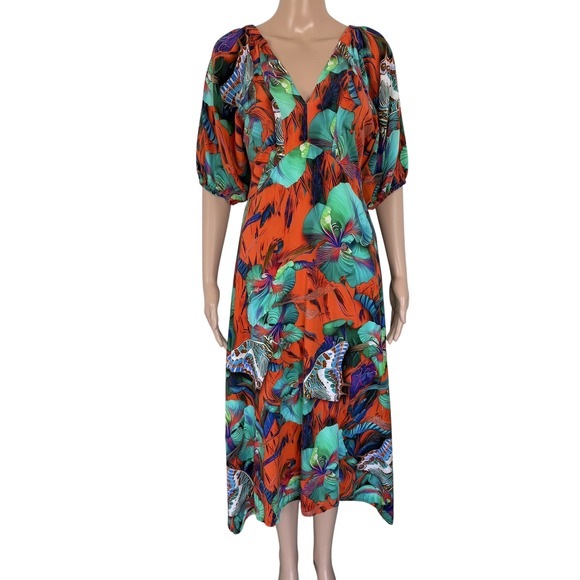 Dresses & Skirts - Vintage Boho Tropical Floral Butterfly Midi Dress M V-Neck Smock Made in Brazil
